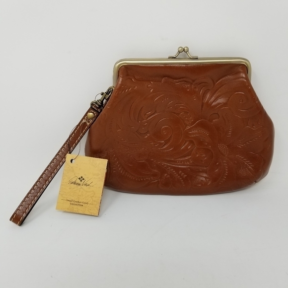Patricia Nash Savena Wristlet Florence Tooled Leather Clutch Brass Kiss Lock